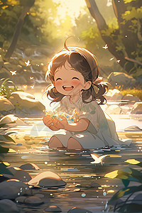 森林河边玩耍的小女孩背景图片