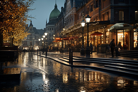 雨夜繁华的商业街道图片