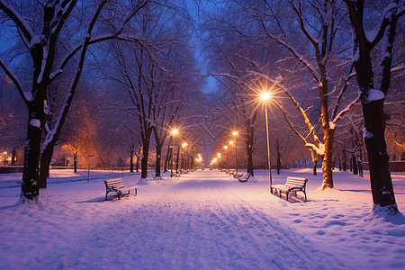 冬天夫子庙街道雪中街灯映照的雪景公园背景