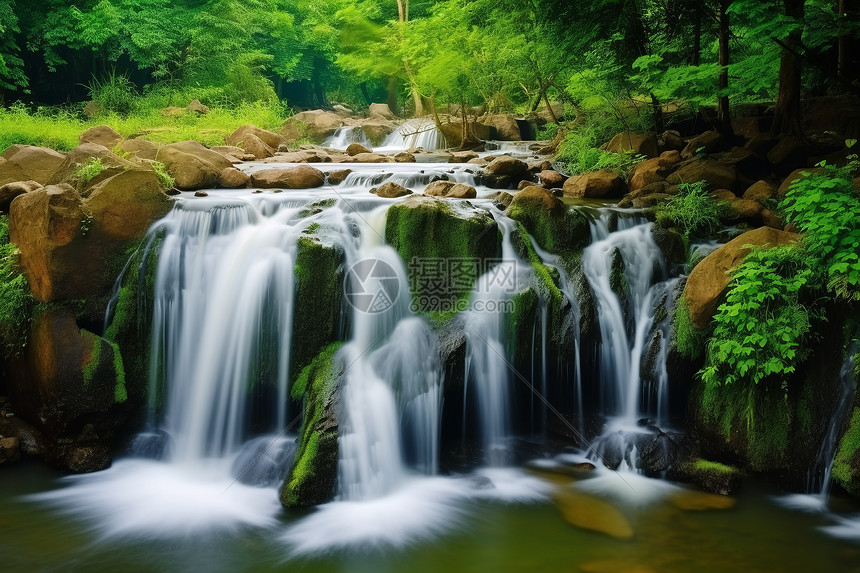 夏季森林瀑布的美丽景观图片