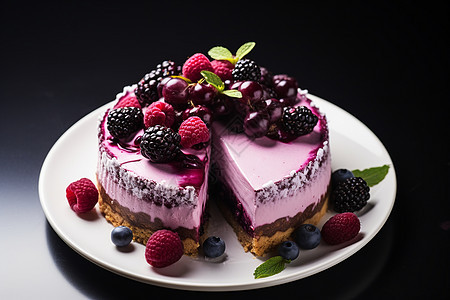 餐盘中的蓝莓奶油蛋糕图片