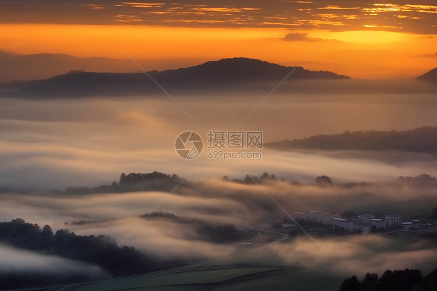 烟雾缭绕的山谷日出景观图片
