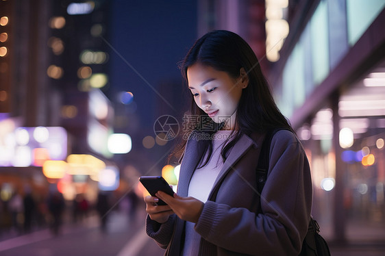 夜晚城市街头玩手机的女子图片