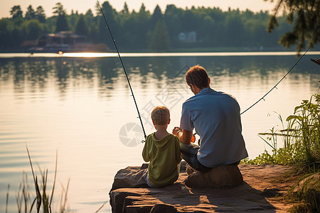 湖畔傍晚的父子垂钓图片
