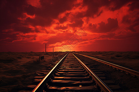 火车轨道上的红色天空图片