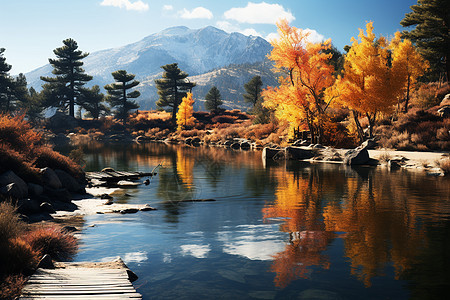 美丽的秋季雪山下风景图片