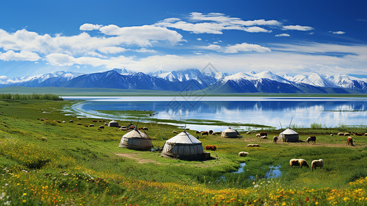春季美丽的高原蒙古包图片