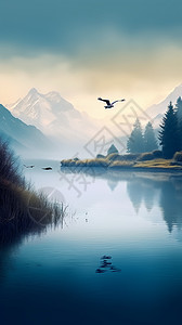 山间湖泊上飞翔的小鸟图片