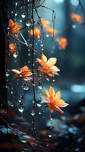 雨中树枝上的花朵图片