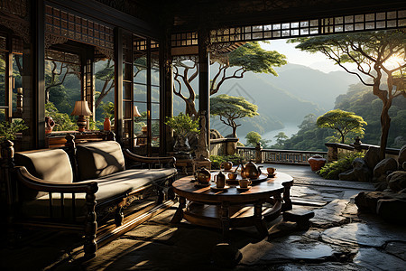宁静竹林的茶室图片