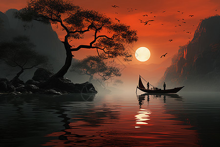 湖上落日之舟背景图片