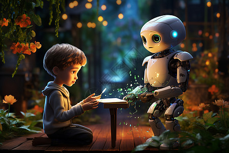 科技互动与机器人互动的男孩插画