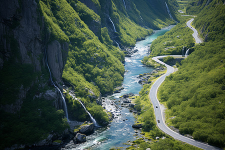 绿色家居挪威山河美景背景