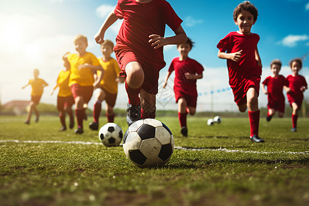 五大联赛一群孩子在草地上踢足球背景