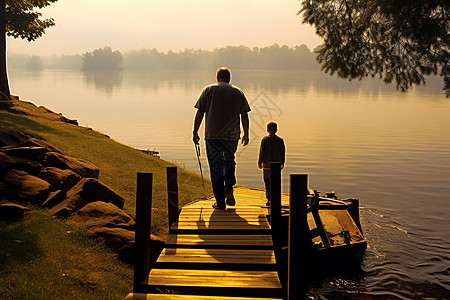 漫步湖边湖边的父亲与孩子漫步背景