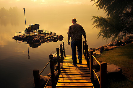 湖边日落下男子独自穿过图片
