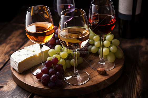 三杯葡萄酒和奶酪放在木盘上图片