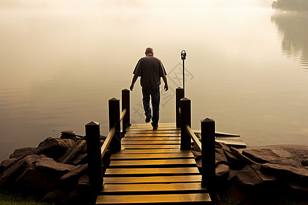 湖边木桥上的漫步者图片