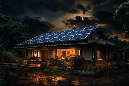 月色下的太阳能发电屋顶图片
