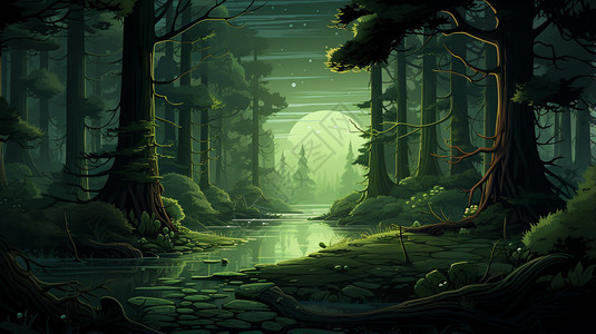 卡通森林里的河流背景图片