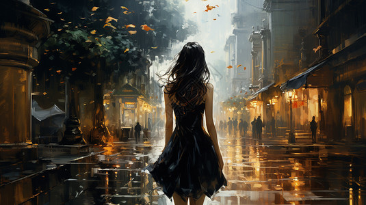 女孩走在下雨的街道上图片