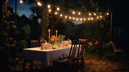 院子聚餐院子挂灯下的餐桌背景