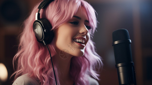 粉色头发的女歌手在唱歌图片