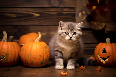 秋日里的猫咪与南瓜图片