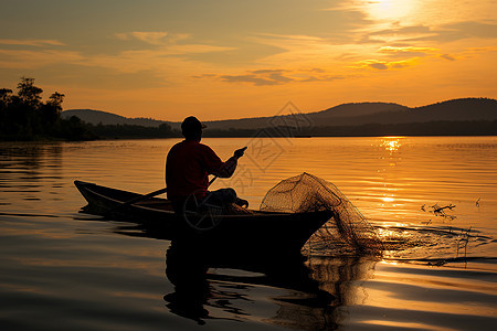 渔夫在黄昏时刻坐在船上捕鱼图片