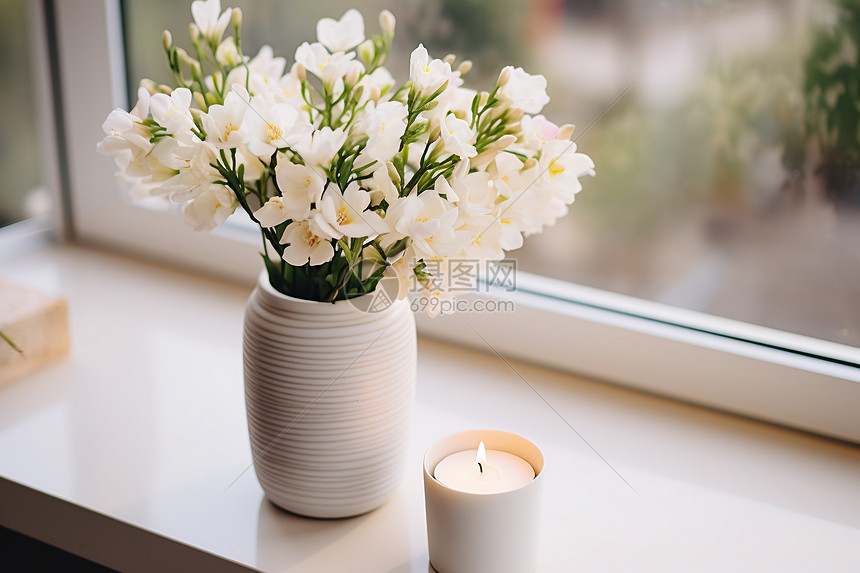 窗台上有花瓶和蜡烛图片