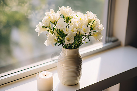 窗台上的一束白花和蜡烛图片