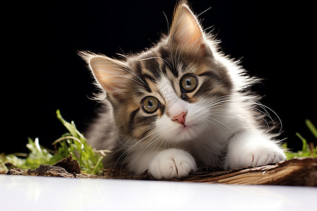 小猫草地上趴着图片