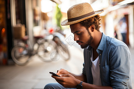 时尚男子在街头玩手机图片