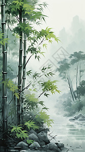 夏季山间竹海的水墨画图片