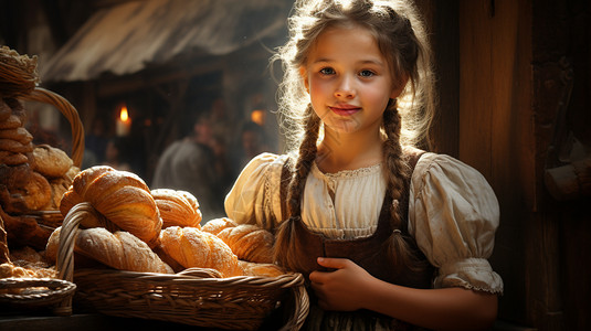 在商店里卖面包的小女孩高清图片
