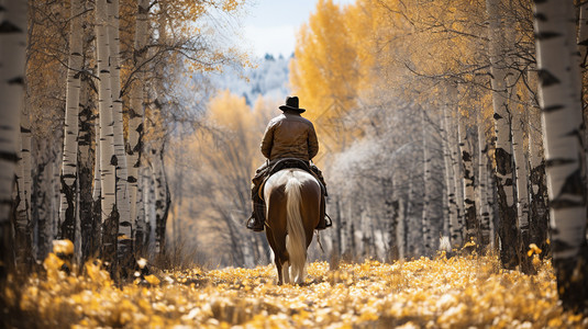 秋季树林中骑马的男子图片