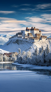 布达拉宫雪景大雪覆盖的布达拉宫背景