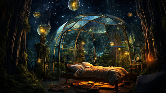 夜晚丛林的玻璃景观房图片