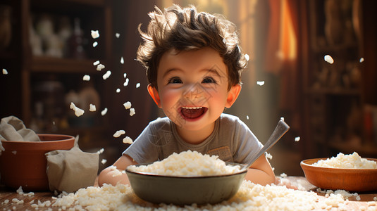 吃米饭的可爱小男孩高清图片