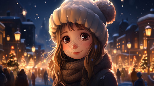 冬季街道上可爱的小女孩图片