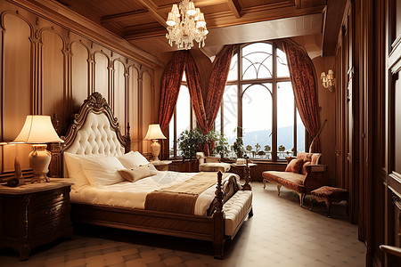 豪华卧室的大床和吊灯背景图片