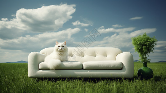 草坪沙发上毛茸茸的白猫图片