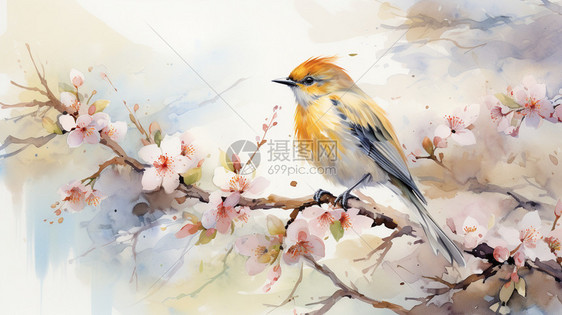 枝头小鸟水彩风插图图片