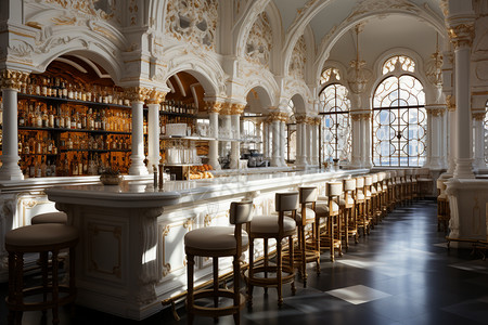 西餐厅服务员古典装饰的酒吧场景设计图片