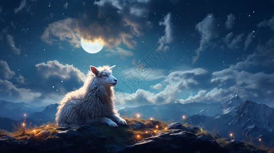 夜晚山顶孤独的小羊图片