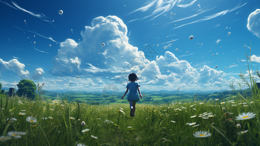 田间草坪上的小女孩图片