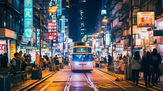 夜晚的街头人潮拥挤的香港城市街道背景