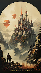 山峰上的古典城堡海报图片