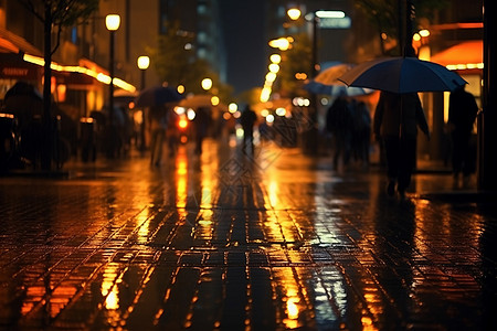 下雨打伞湿滑的地面和打伞的行人背景