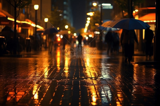 湿滑的地面和打伞的行人图片